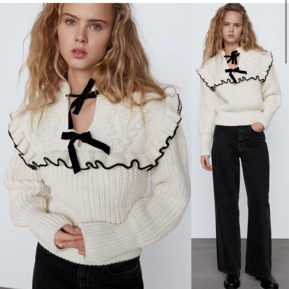 Zara Women's White and Cream Jumper
